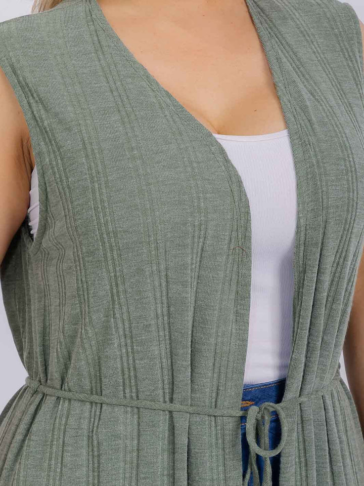 PLUS SIZE SLEEVELESS FRONT POCKETS SELF TIE CARDIGAN