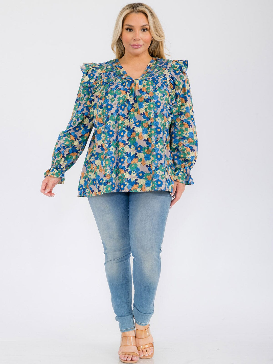 PLUS SIZE LONG SLEEVE V-NECK RUFFLE FLORAL BLOUSE TOP