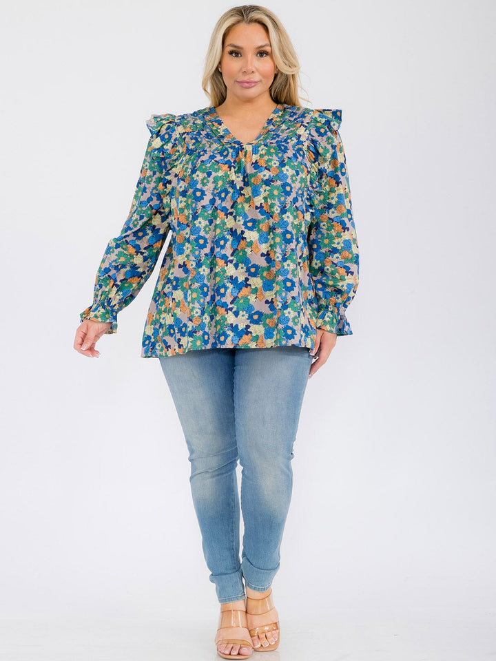 PLUS SIZE LONG SLEEVE V-NECK RUFFLE FLORAL BLOUSE TOP