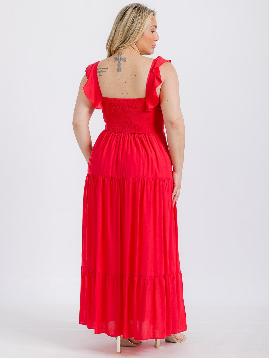 PLUS SIZE SLEEVELESS BUTTONS TIERED RUFFLE MAXI DRESS