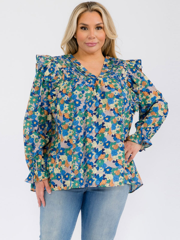 PLUS SIZE LONG SLEEVE V-NECK RUFFLE FLORAL BLOUSE TOP