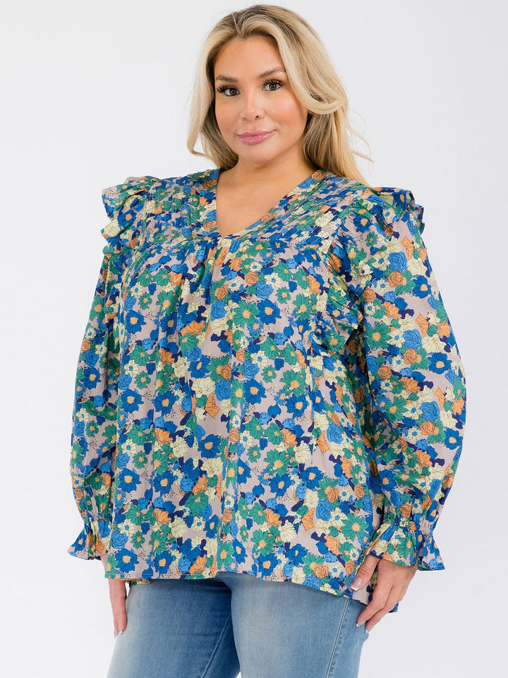 PLUS SIZE LONG SLEEVE V-NECK RUFFLE FLORAL BLOUSE TOP