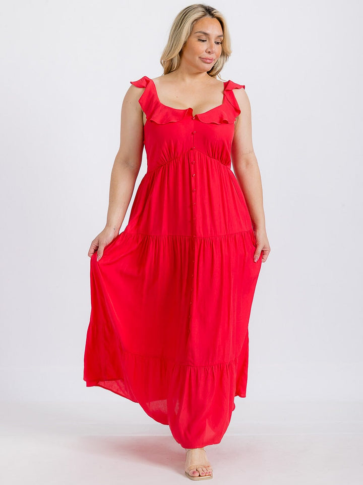 PLUS SIZE SLEEVELESS BUTTONS TIERED RUFFLE MAXI DRESS