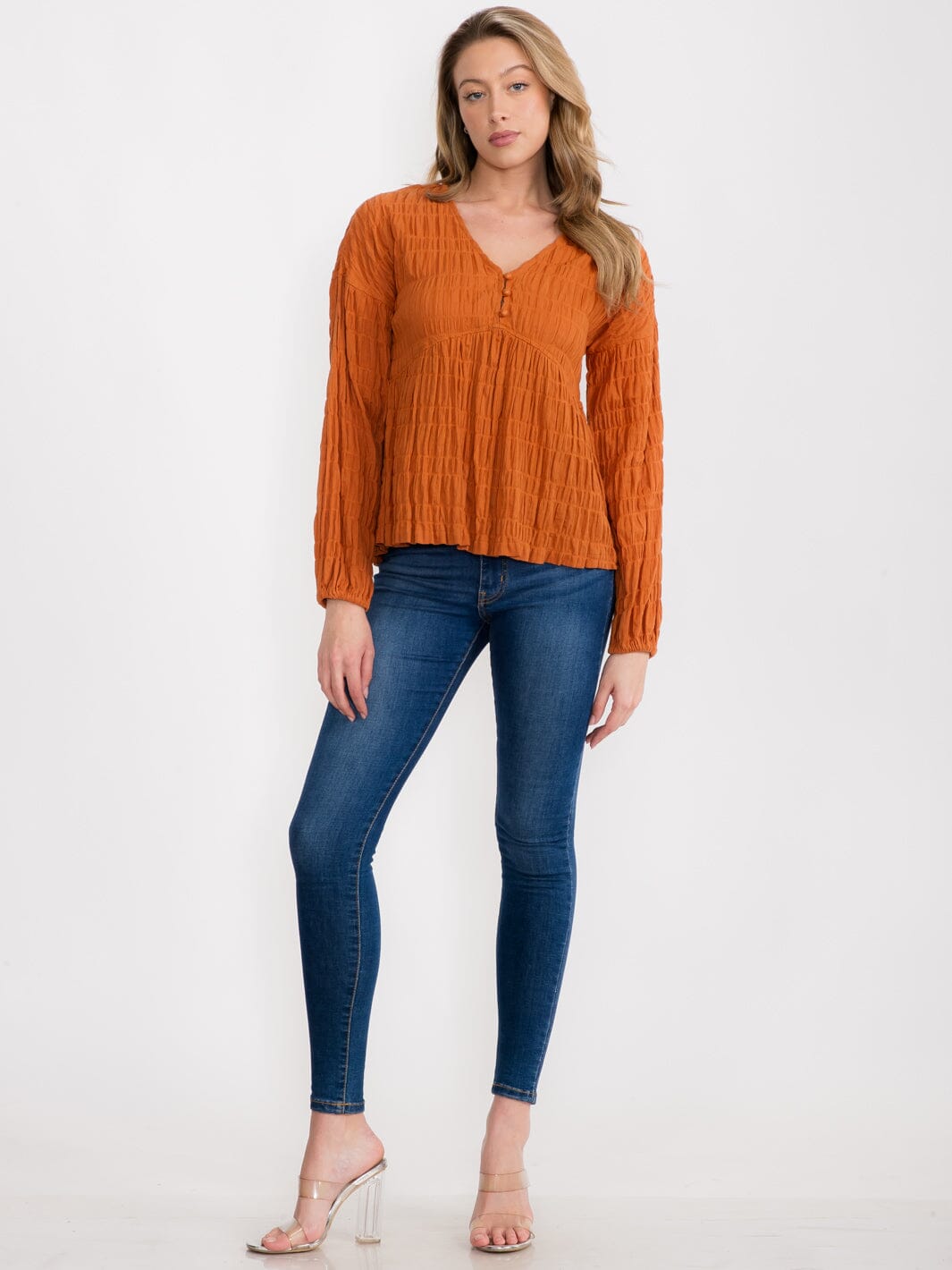 WOMEN'S LONG SLEEVE BUTTON UP V-NECK BLOUSE