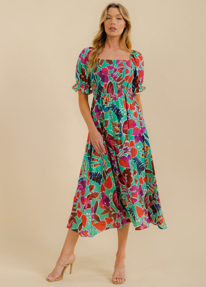 WOMEN'S SHORT PUFF SLEEVE SMOCK LEAF PRINT MAXI DRESS