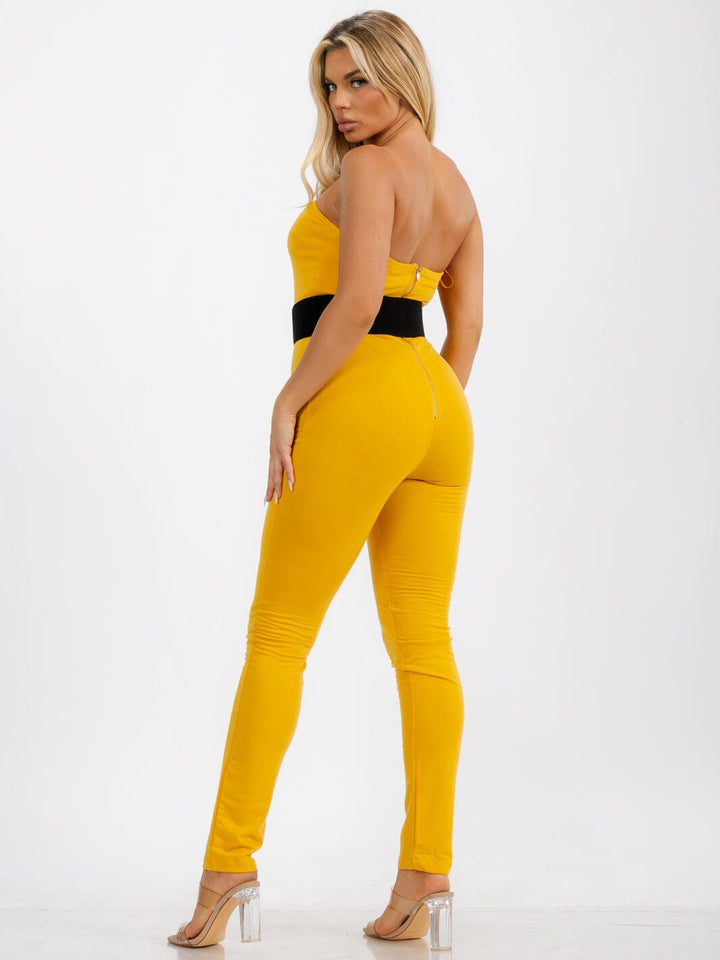 WOMEN'S SLEEVELESS BODYCON BELTED SOLID SKINNY LEG JUMPSUIT