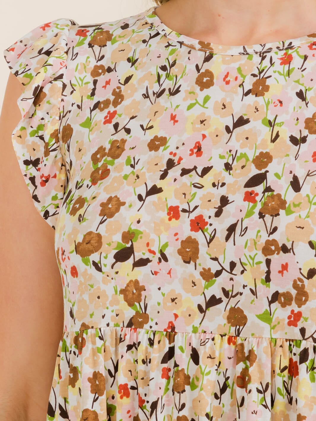 WOMEN'S RUFFLE SLEEVE FLORAL PRINT TUNIC HIGH-LOW FRONT POCKETS MINI DRESS