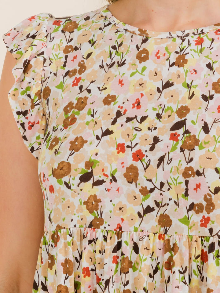 WOMEN'S RUFFLE SLEEVE FLORAL PRINT TUNIC HIGH-LOW FRONT POCKETS MINI DRESS