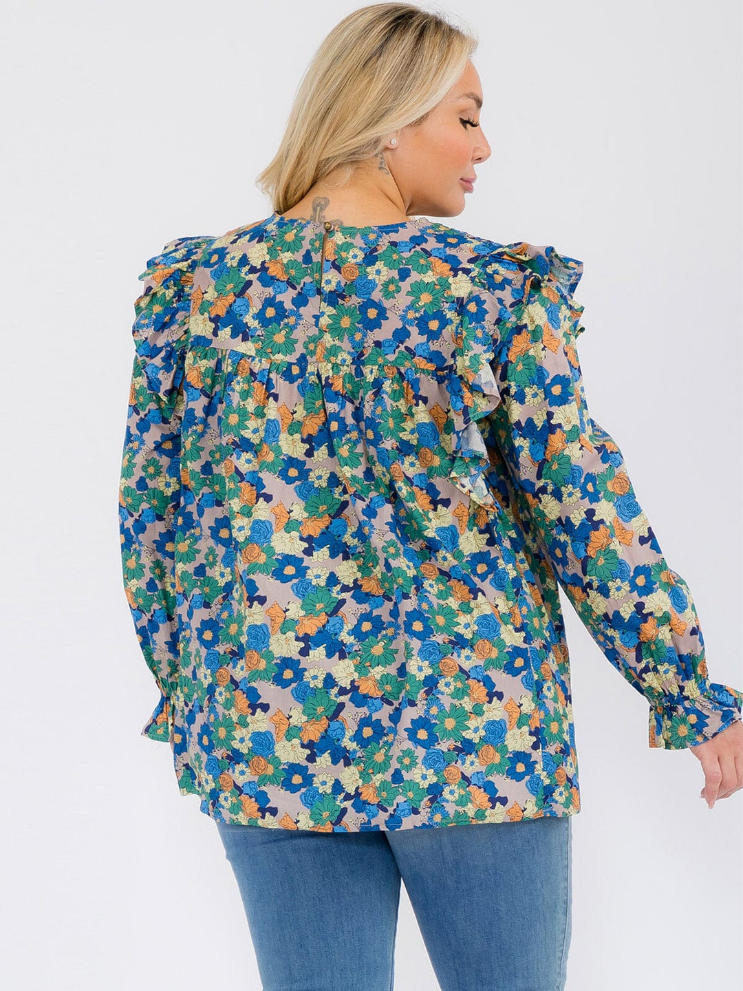 PLUS SIZE LONG SLEEVE V-NECK RUFFLE FLORAL BLOUSE TOP