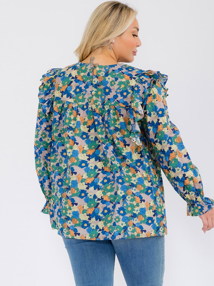 PLUS SIZE LONG SLEEVE V-NECK RUFFLE FLORAL BLOUSE TOP