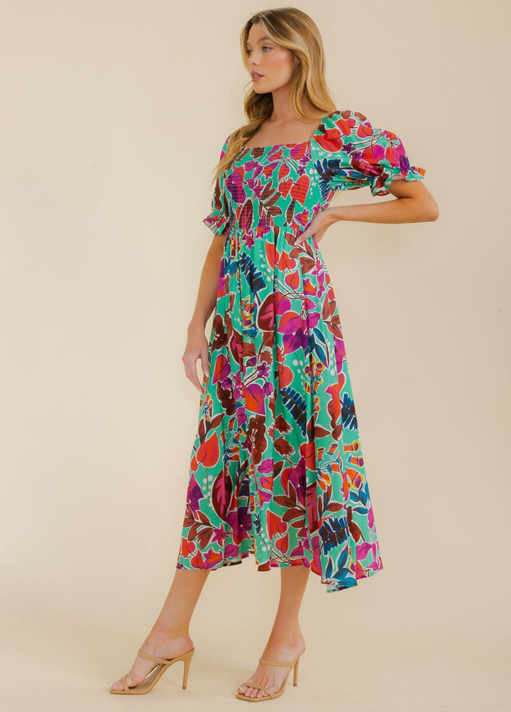 WOMEN'S SHORT PUFF SLEEVE SMOCK LEAF PRINT MAXI DRESS