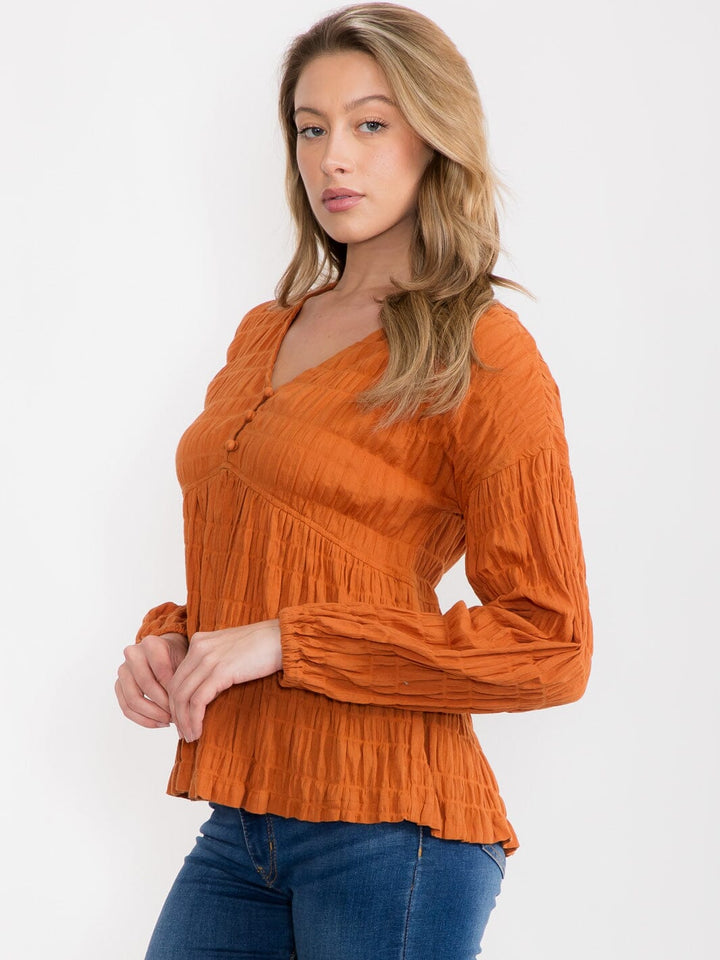 WOMEN'S LONG SLEEVE BUTTON UP V-NECK BLOUSE