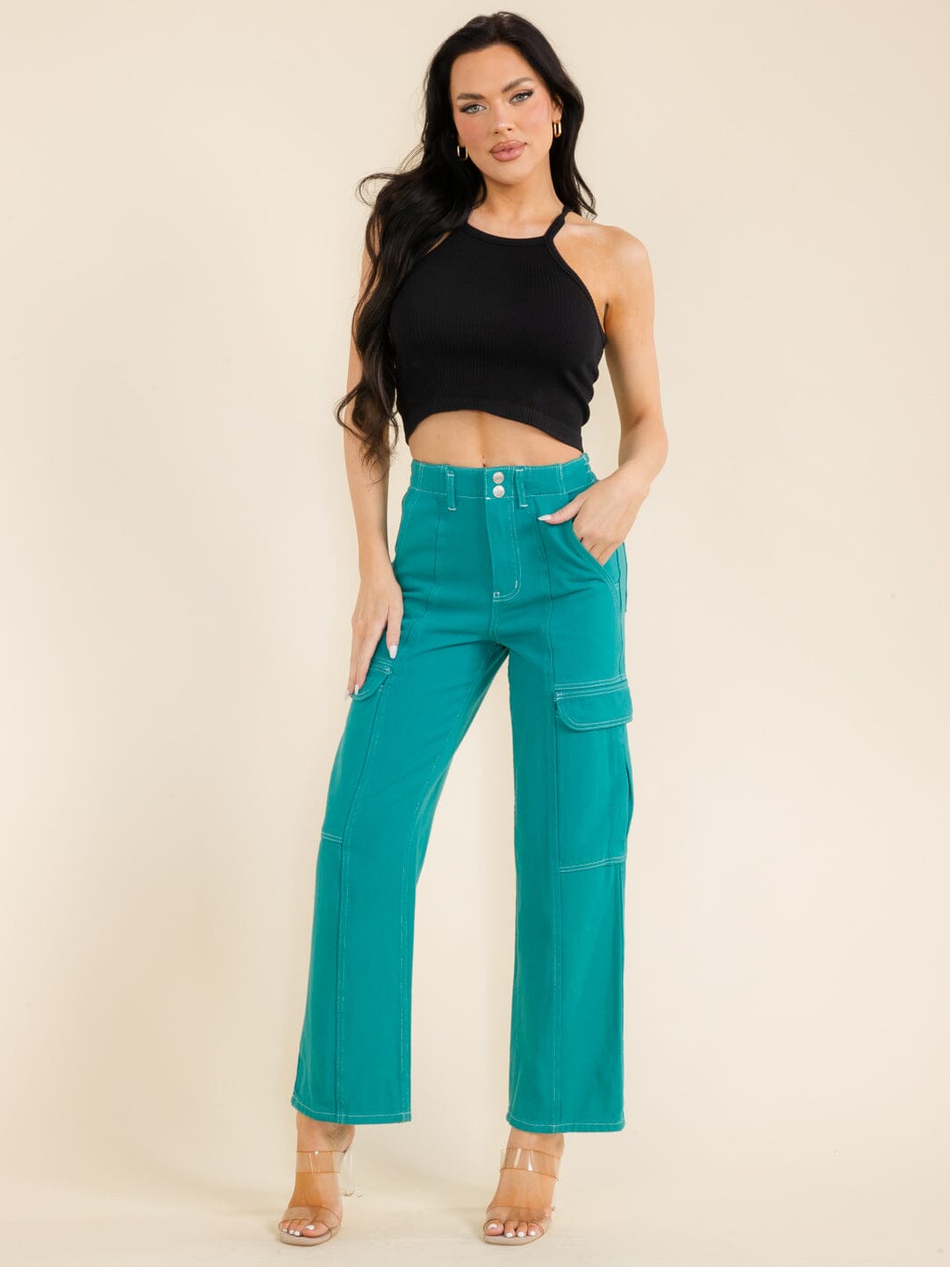 WOMEN'S BUTTON CLOSURE CARGO POCKETS WIDE LEG DENIM PANTS