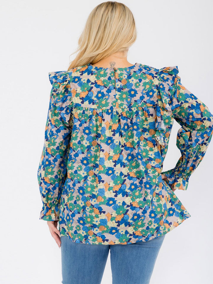PLUS SIZE LONG SLEEVE V-NECK RUFFLE FLORAL BLOUSE TOP