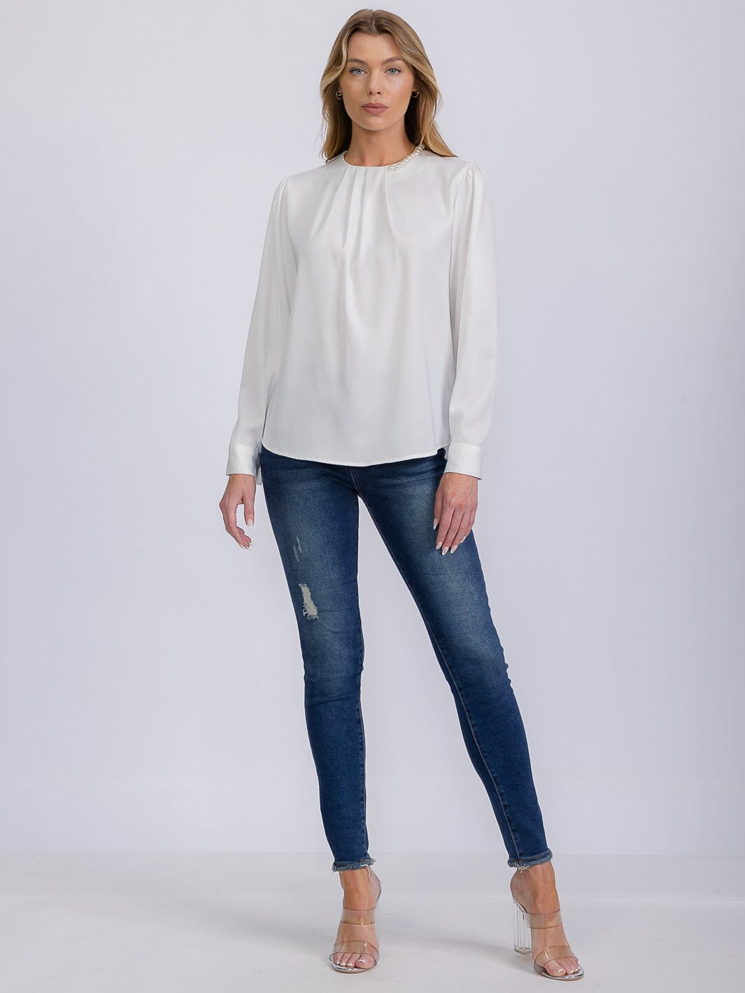 WOMEN'S LONG SLEEVE PEARL NECK DETAILED BLOUSE