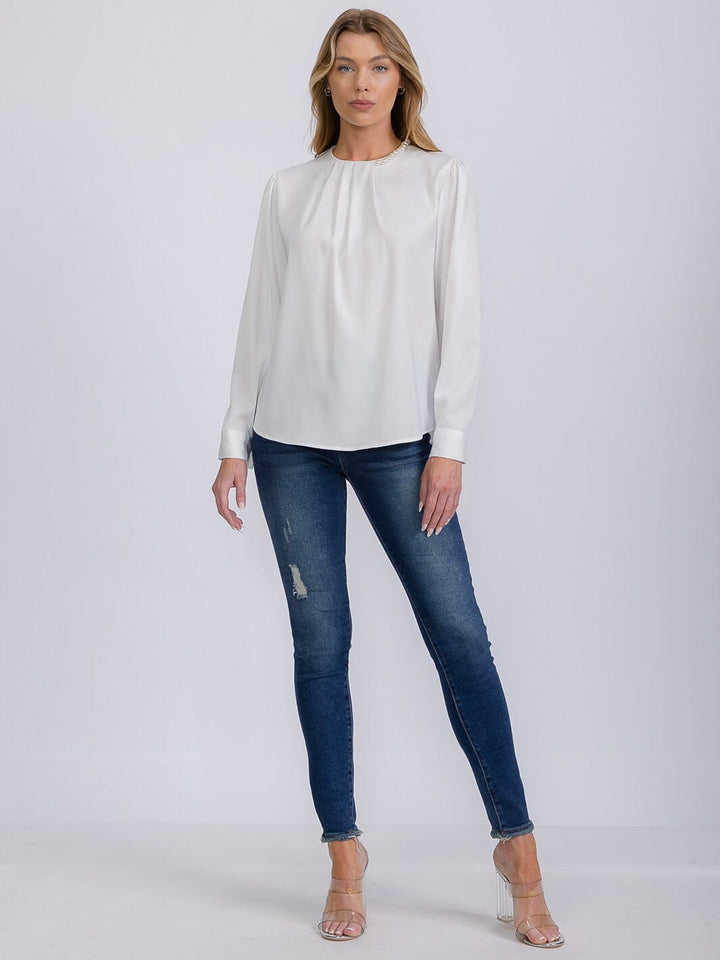 WOMEN'S LONG SLEEVE PEARL NECK DETAILED BLOUSE