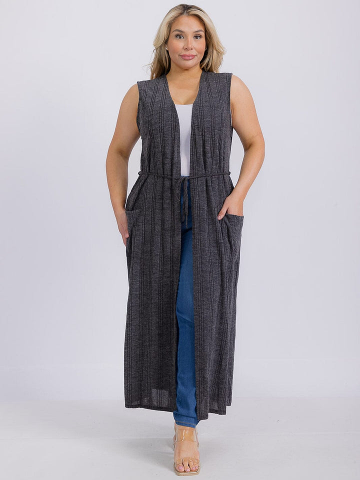 PLUS SIZE SLEEVELESS FRONT POCKETS SELF TIE CARDIGAN