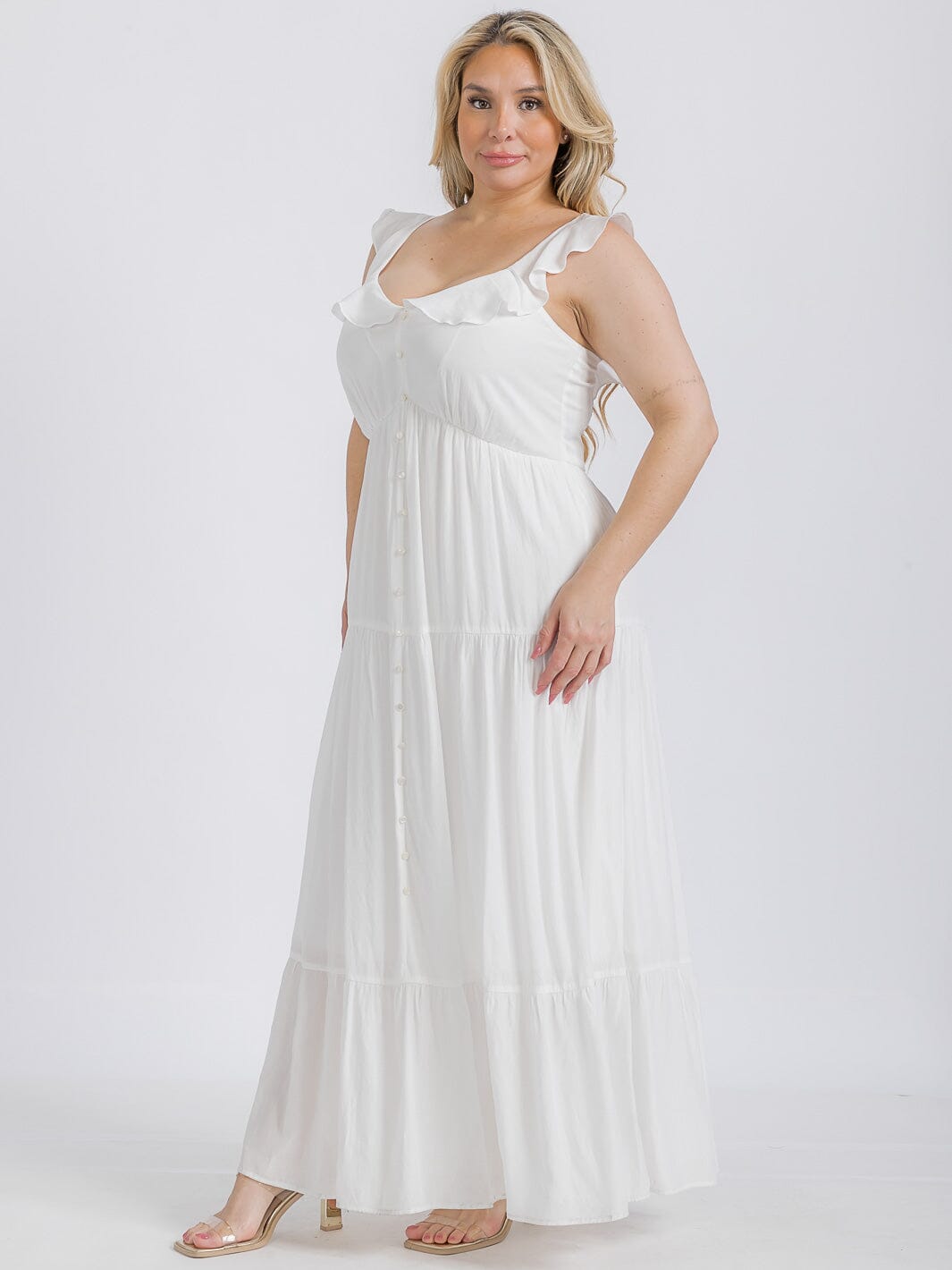 PLUS SIZE SLEEVELESS BUTTONS TIERED RUFFLE MAXI DRESS