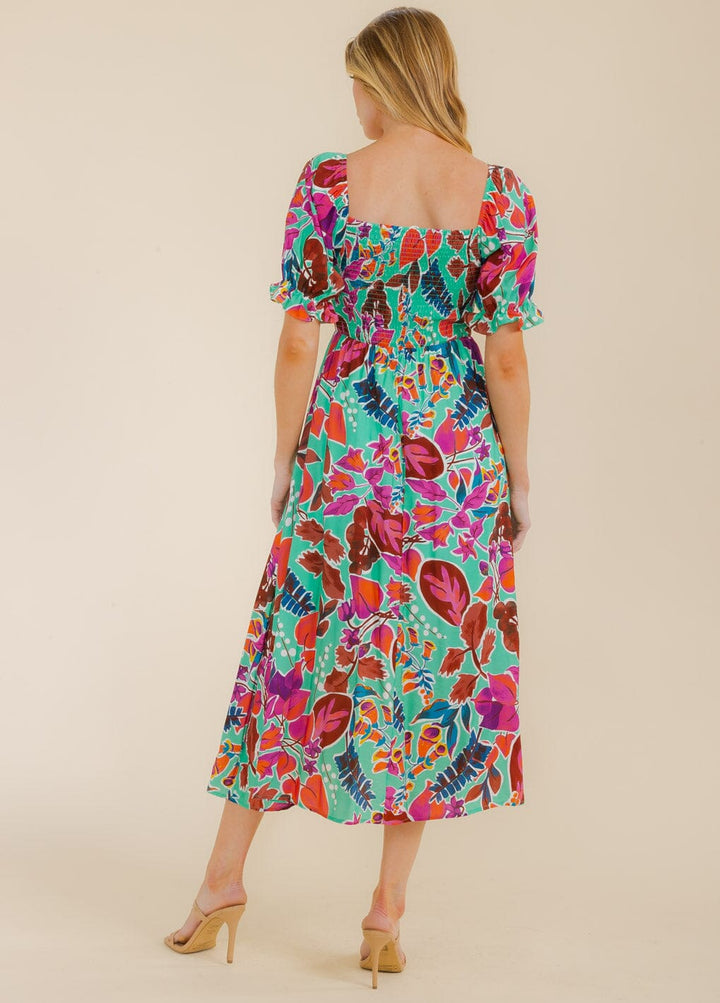 WOMEN'S SHORT PUFF SLEEVE SMOCK LEAF PRINT MAXI DRESS