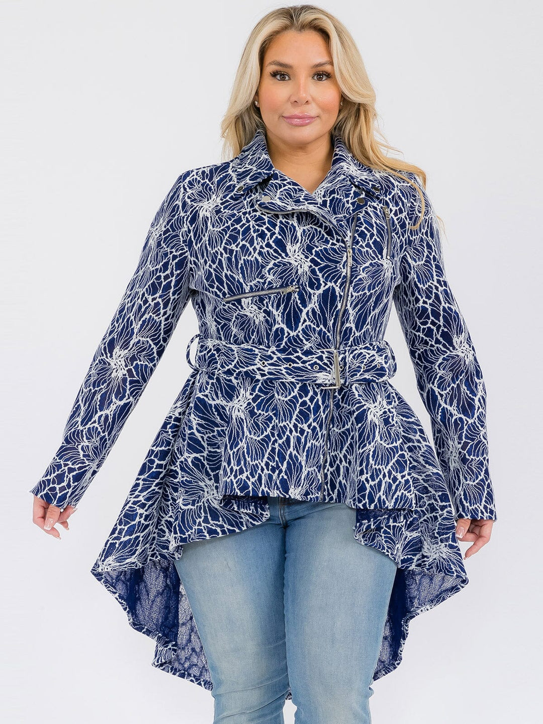 PLUS SIZE LONG SLEEVE ZIP UP HIGH-LOW BELTED JACKET