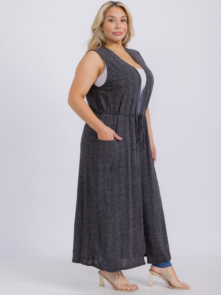 PLUS SIZE SLEEVELESS FRONT POCKETS SELF TIE CARDIGAN