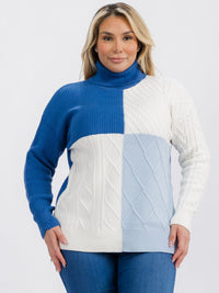 PLUS SIZE LONG SLEEVE TURTLE NECK DETAILED COLORBLOCK PULLOVER SWEATER