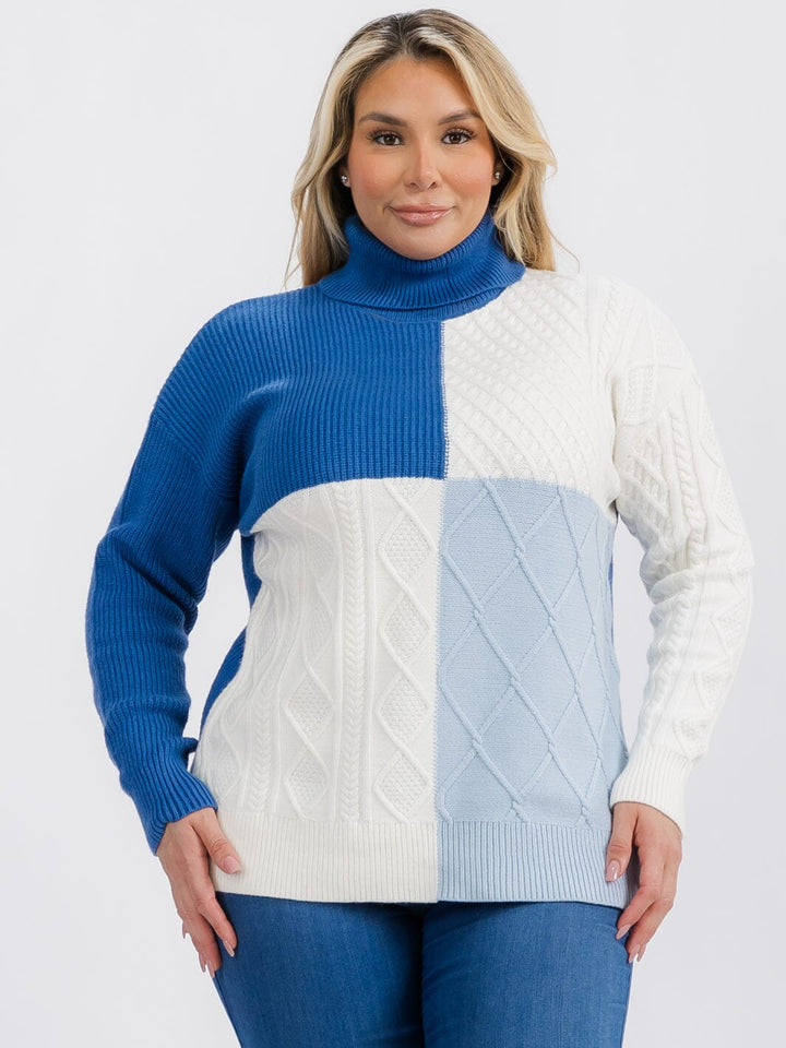 PLUS SIZE LONG SLEEVE TURTLE NECK DETAILED COLORBLOCK PULLOVER SWEATER