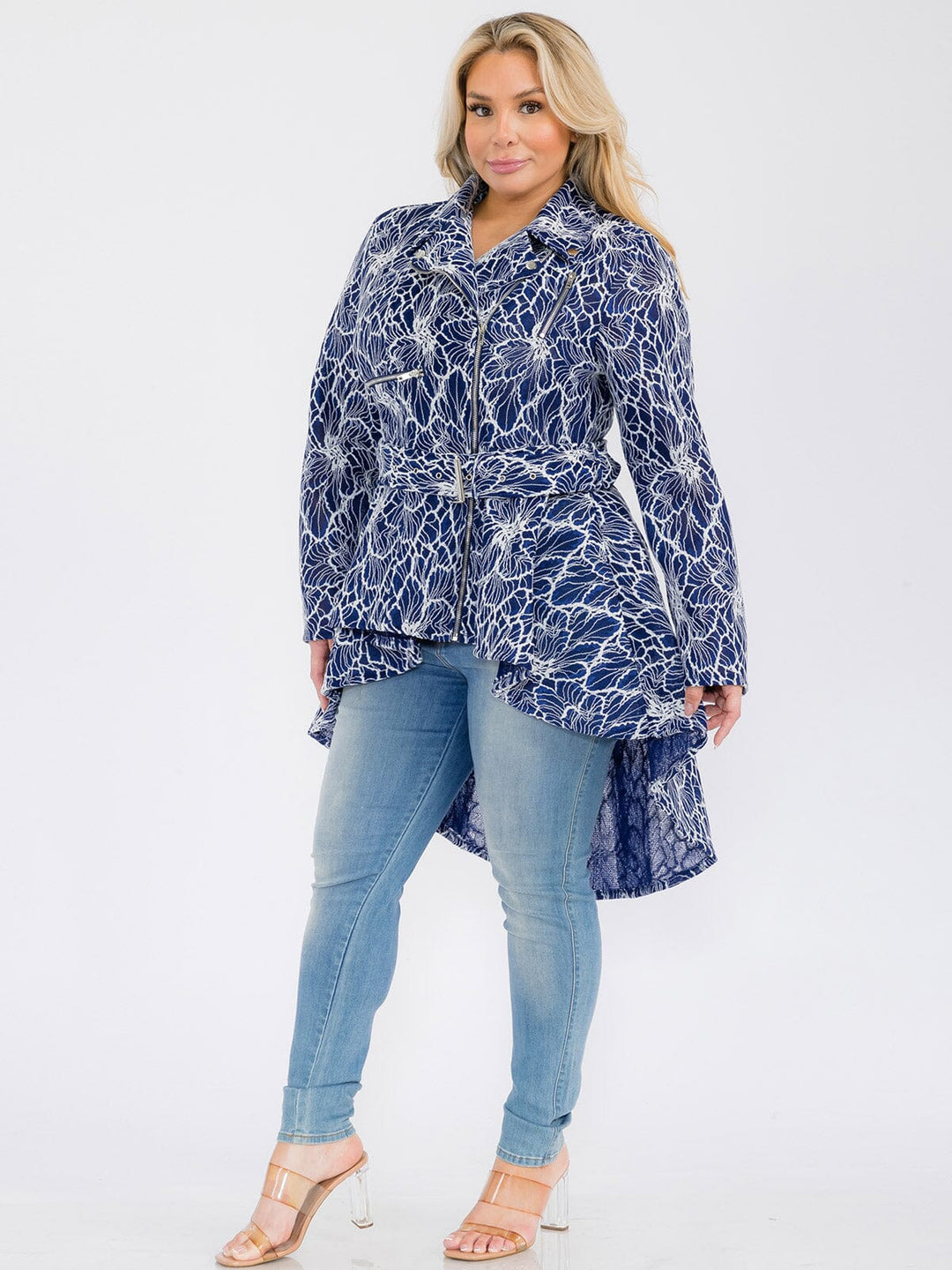 PLUS SIZE LONG SLEEVE ZIP UP HIGH-LOW BELTED JACKET
