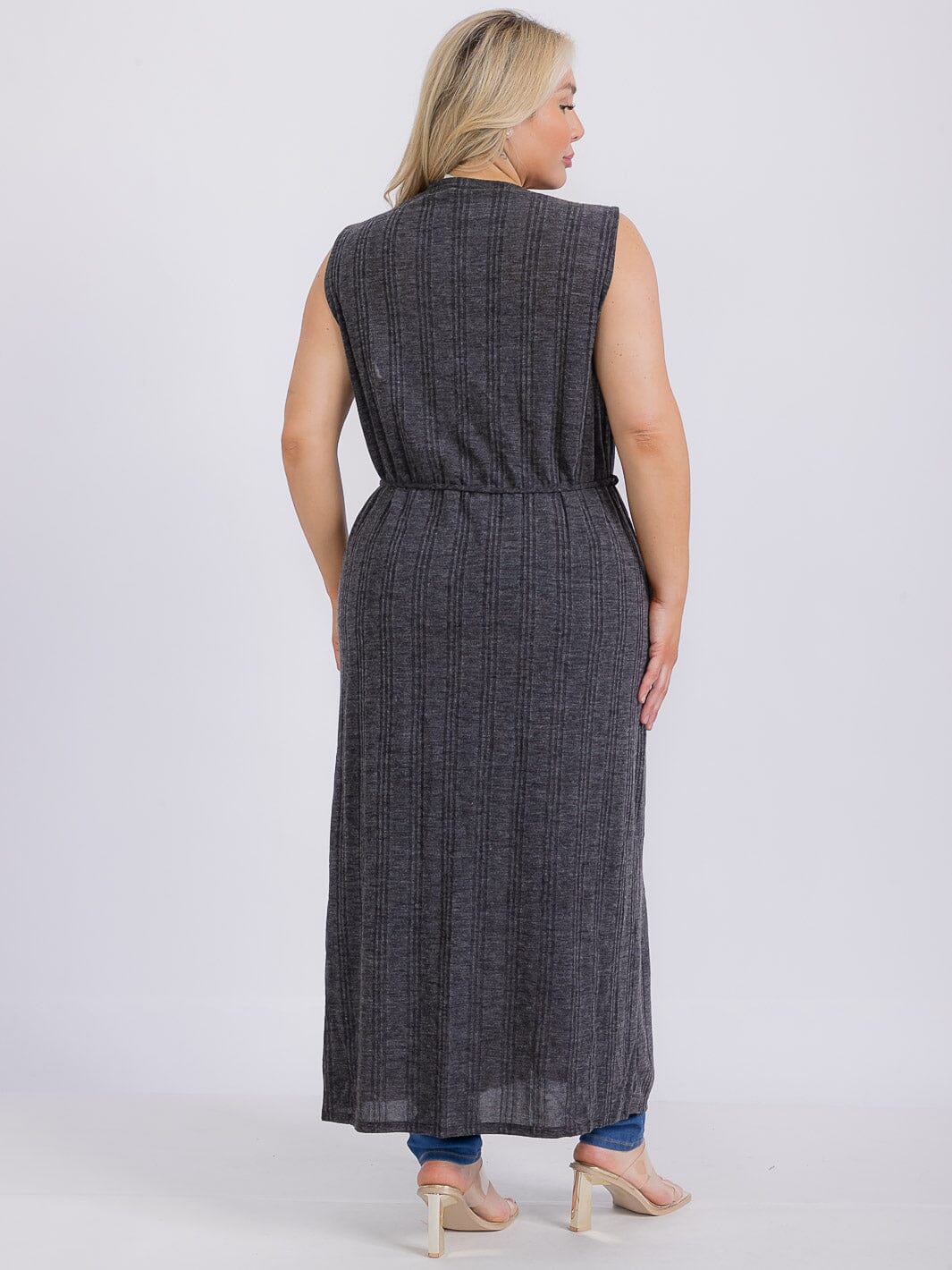 PLUS SIZE SLEEVELESS FRONT POCKETS SELF TIE CARDIGAN