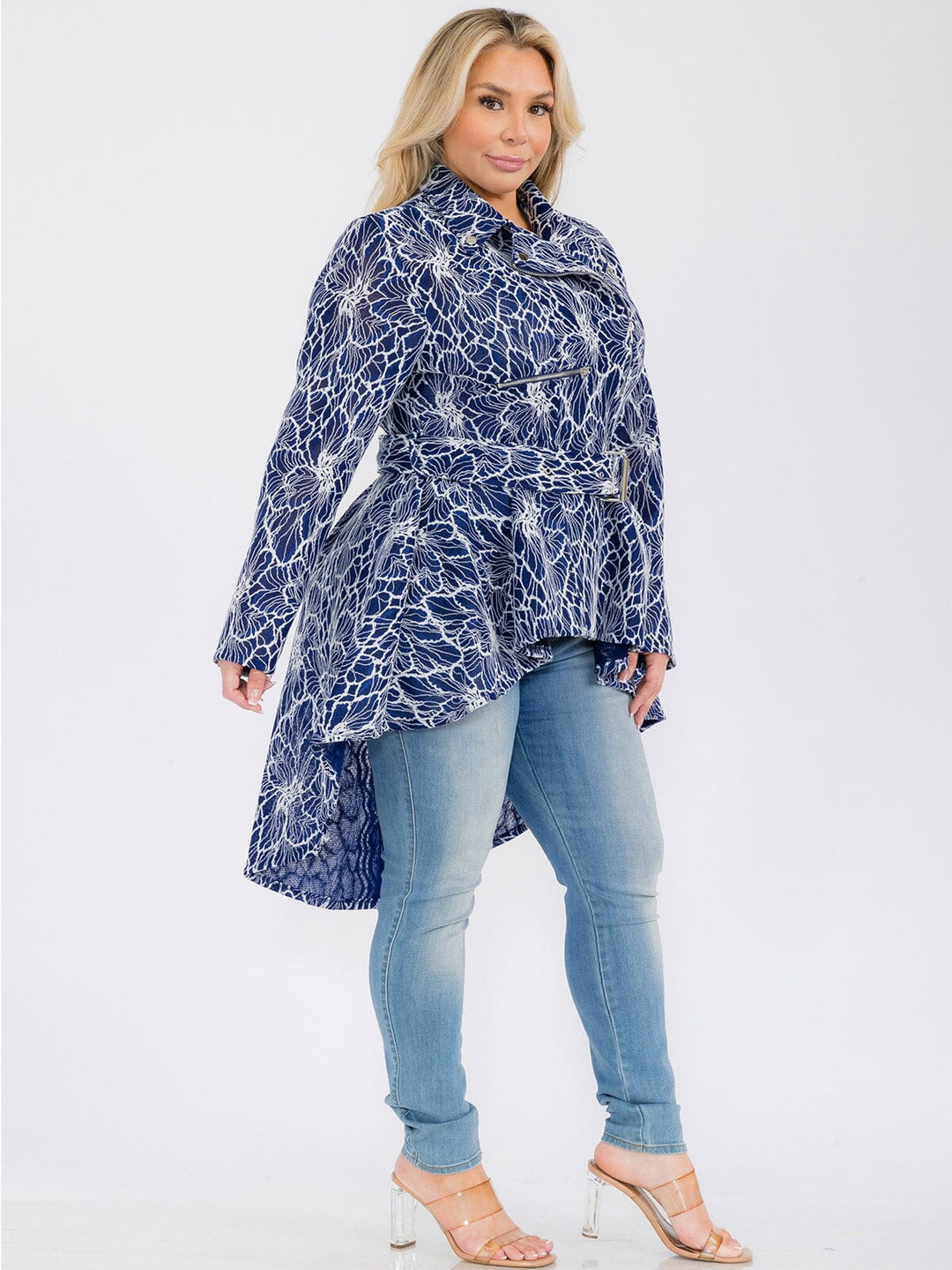 PLUS SIZE LONG SLEEVE ZIP UP HIGH-LOW BELTED JACKET