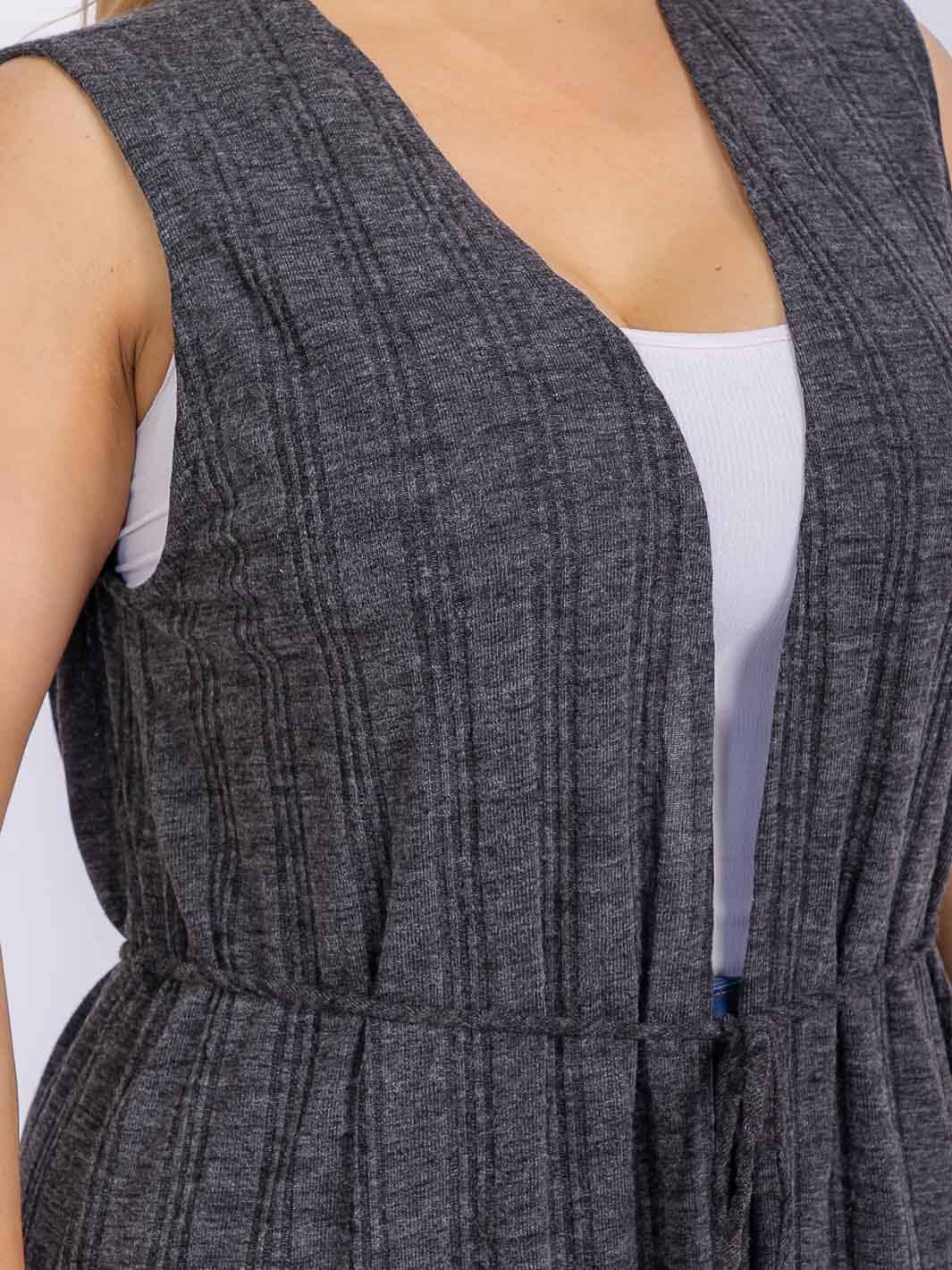 PLUS SIZE SLEEVELESS FRONT POCKETS SELF TIE CARDIGAN