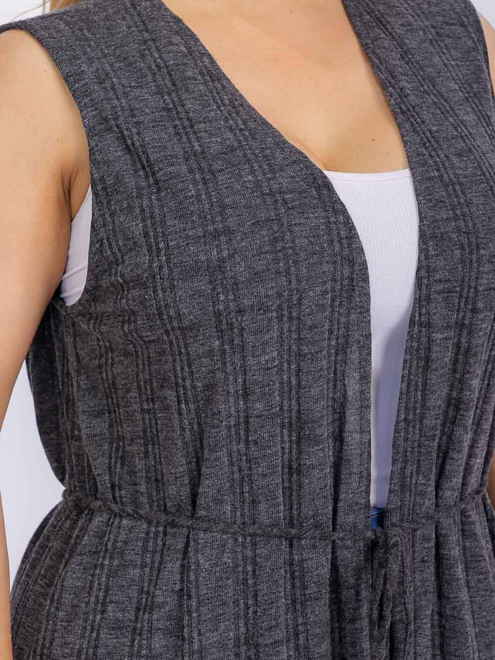 PLUS SIZE SLEEVELESS FRONT POCKETS SELF TIE CARDIGAN