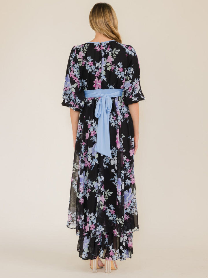 WOMEN'S 3/4 SLEEVE FLOWER PRINT SELF TIE MAXI DRESS