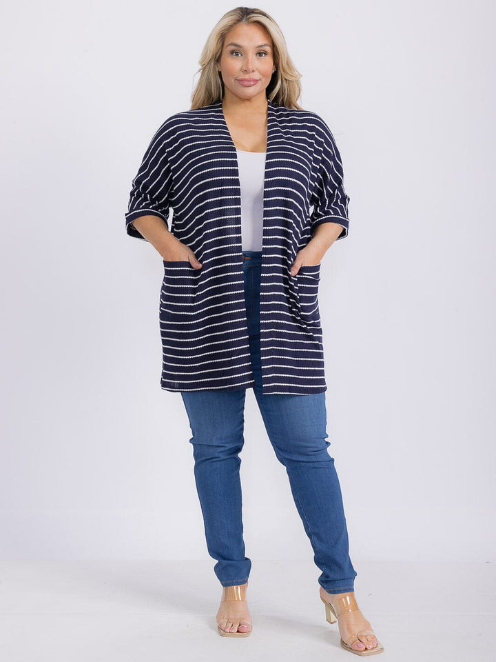 PLUS SIZE SHORT SLEEVE FRONT POCKETS STRIPES CARDIGAN