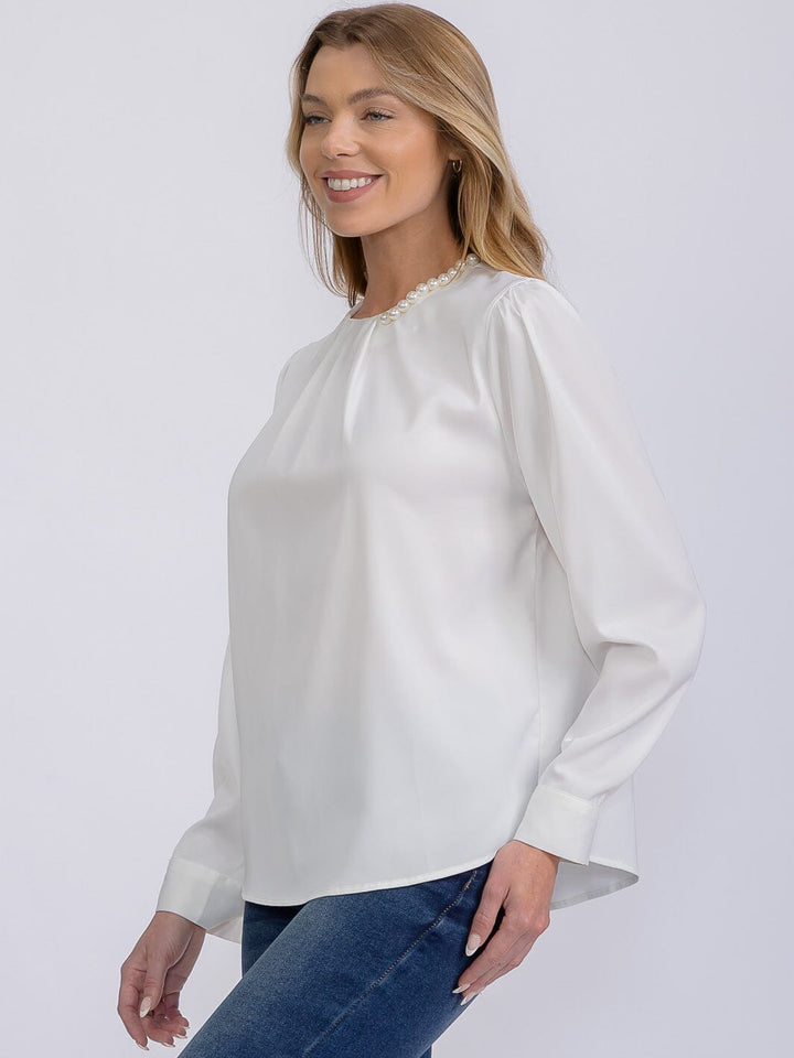 WOMEN'S LONG SLEEVE PEARL NECK DETAILED BLOUSE