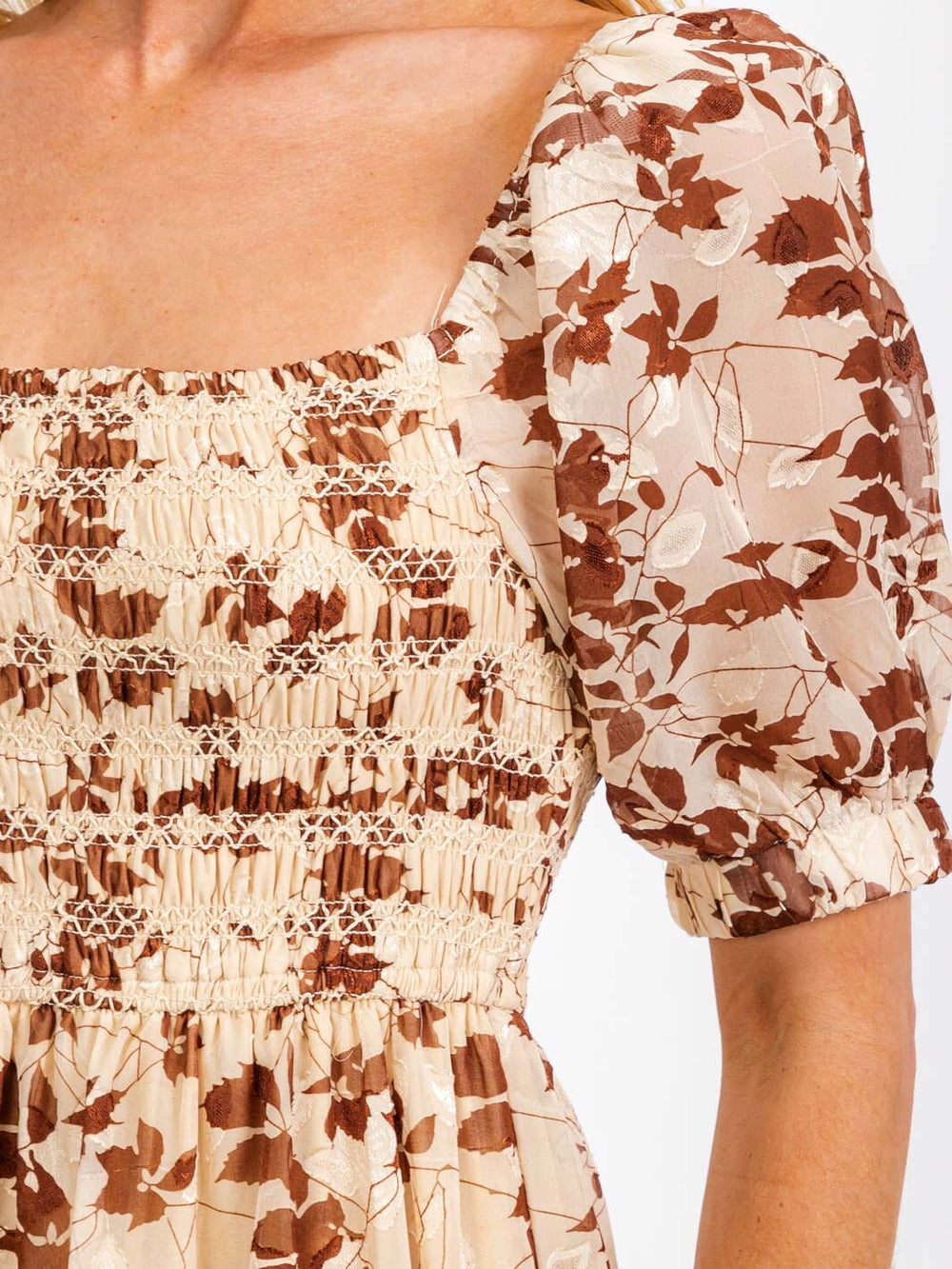 WOMEN'S SHORT SLEEVE SMOCK RUFFLE TIERED LEAF PRINT MIDI DRESS