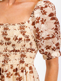 WOMEN'S SHORT SLEEVE SMOCK RUFFLE TIERED LEAF PRINT MIDI DRESS