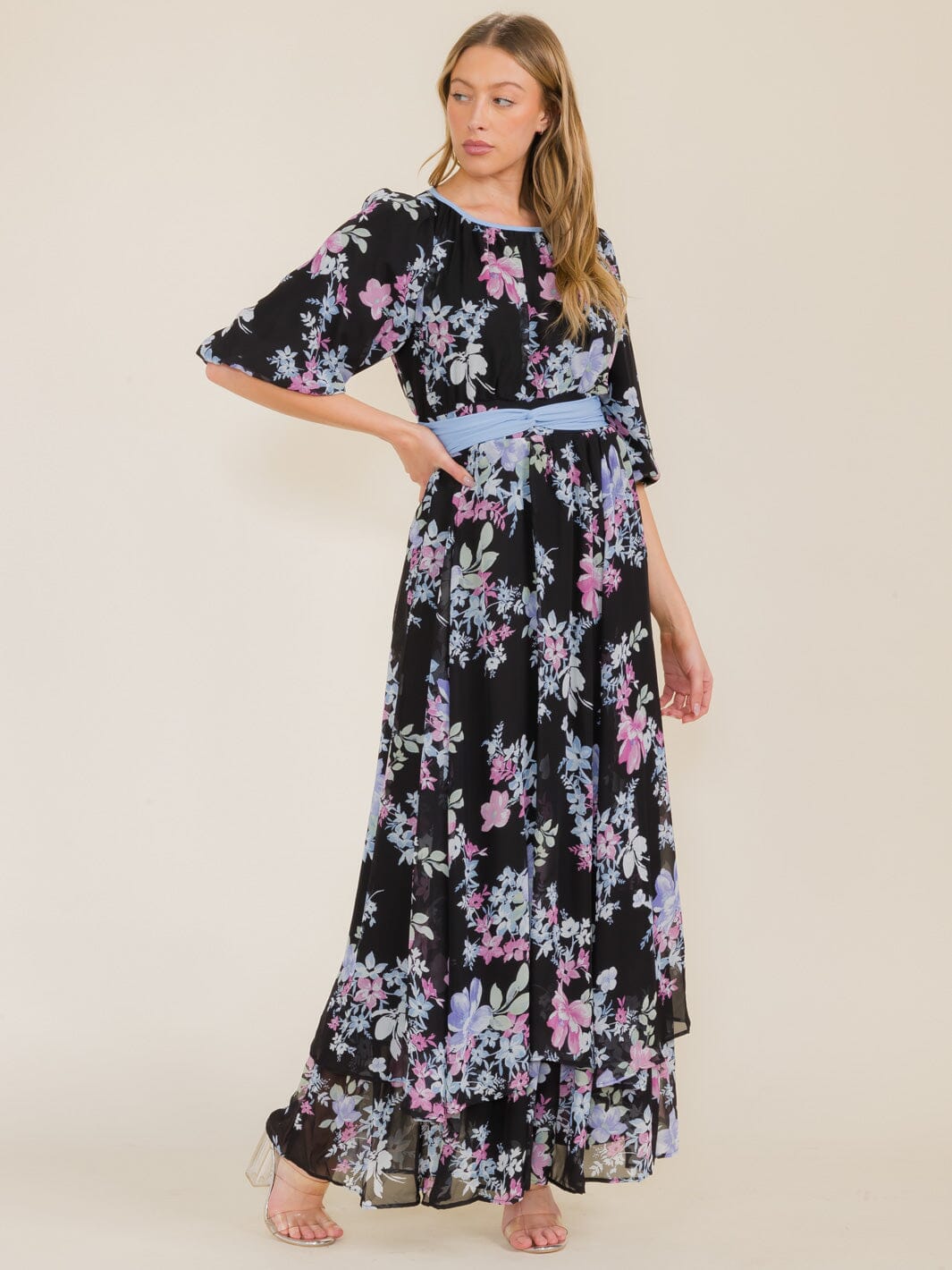 WOMEN'S 3/4 SLEEVE FLOWER PRINT SELF TIE MAXI DRESS