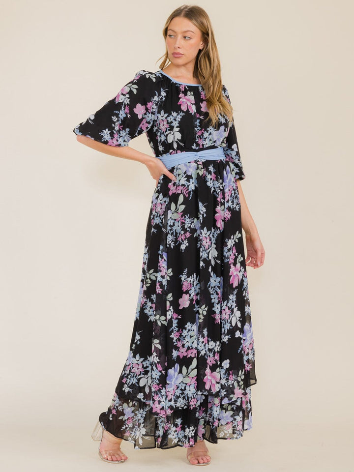 WOMEN'S 3/4 SLEEVE FLOWER PRINT SELF TIE MAXI DRESS