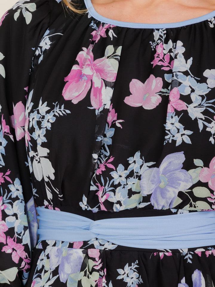 WOMEN'S 3/4 SLEEVE FLOWER PRINT SELF TIE MAXI DRESS