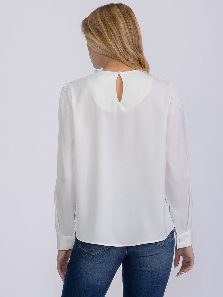WOMEN'S LONG SLEEVE PEARL NECK DETAILED BLOUSE