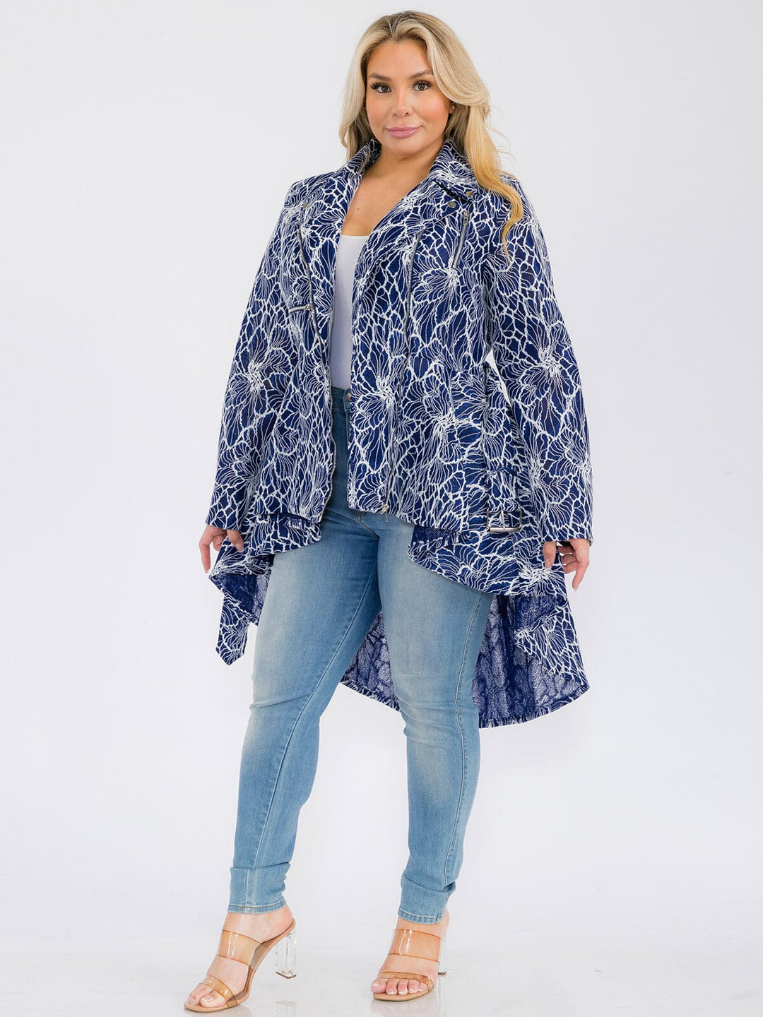PLUS SIZE LONG SLEEVE ZIP UP HIGH-LOW BELTED JACKET