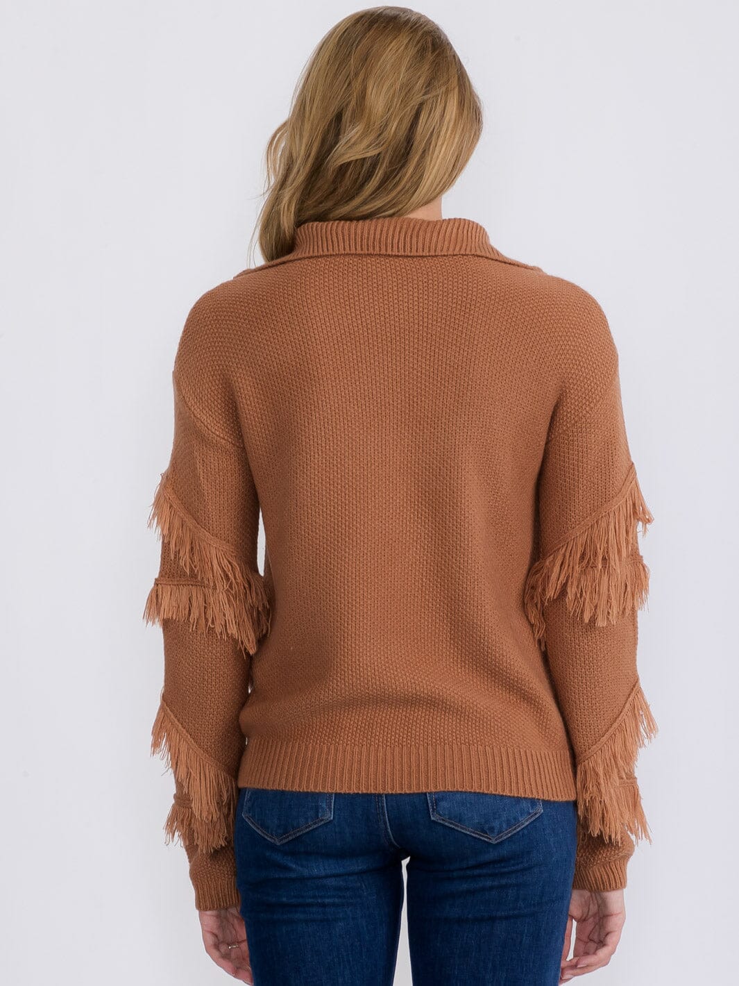 WOMEN'S LONG SLEEVE ZIP UP FRINGE DETAILED PULLOVER SWEATER