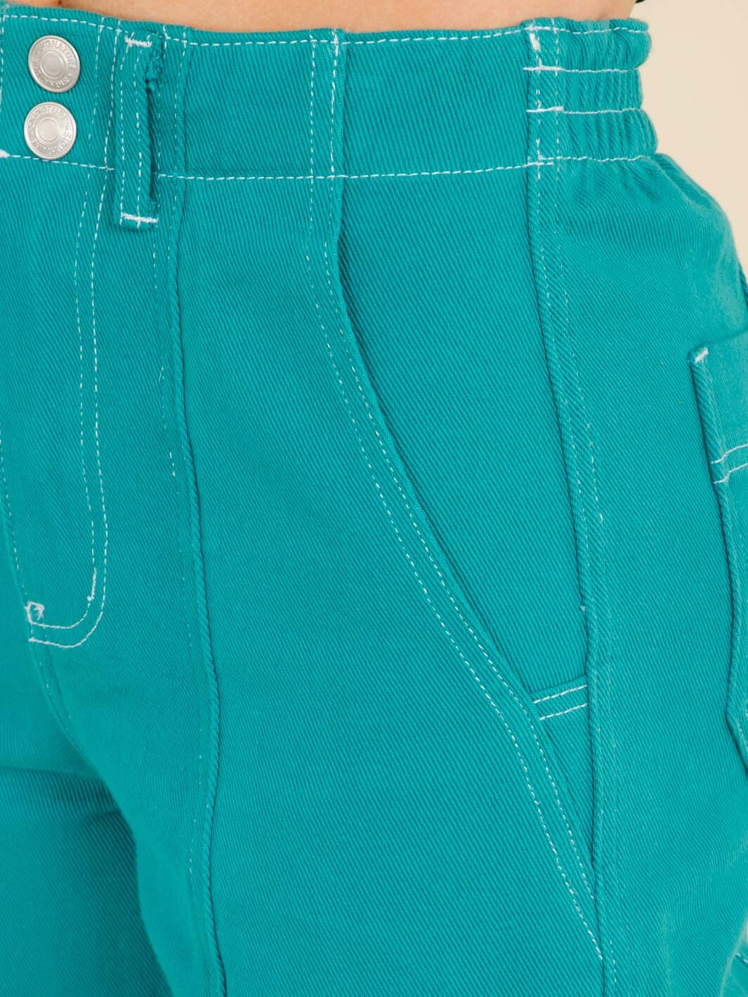 WOMEN'S BUTTON CLOSURE CARGO POCKETS WIDE LEG DENIM PANTS