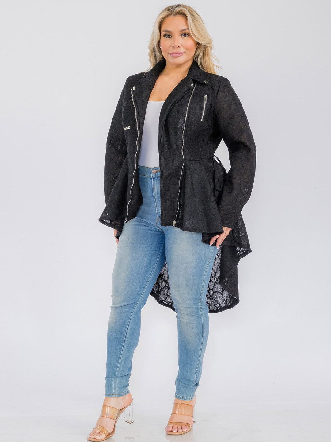 PLUS SIZE LONG SLEEVE ZIP UP HIGH-LOW BELTED JACKET
