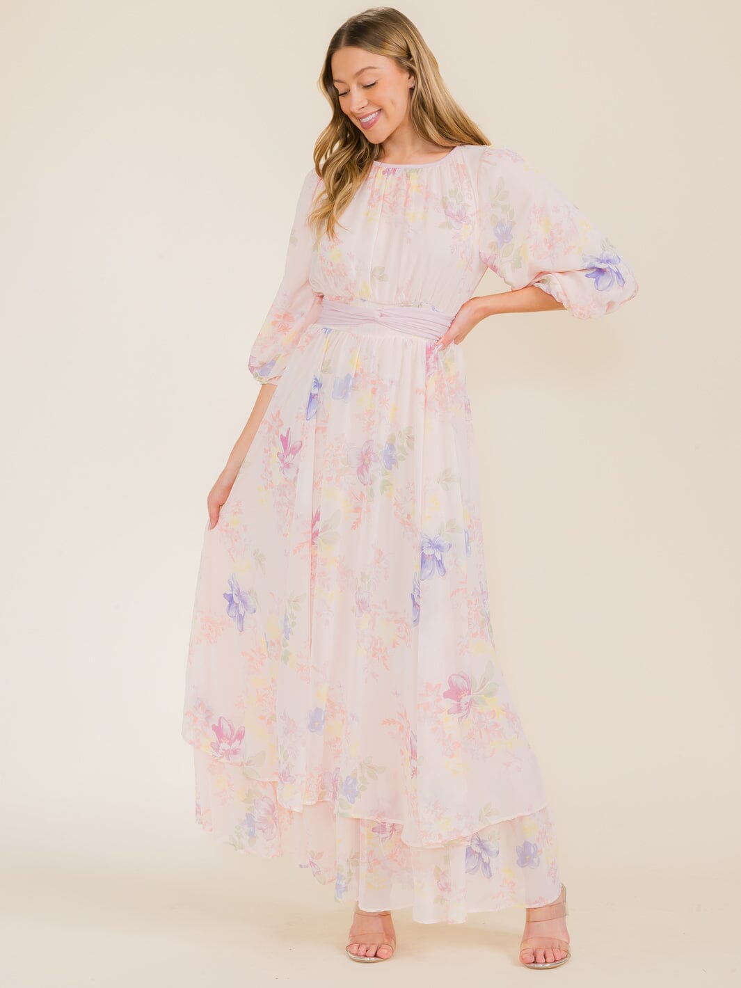 WOMEN'S 3/4 SLEEVE FLOWER PRINT SELF TIE MAXI DRESS