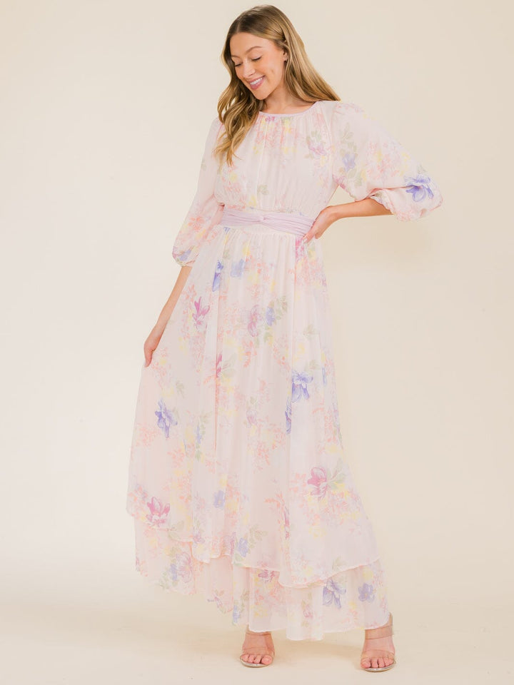 WOMEN'S 3/4 SLEEVE FLOWER PRINT SELF TIE MAXI DRESS