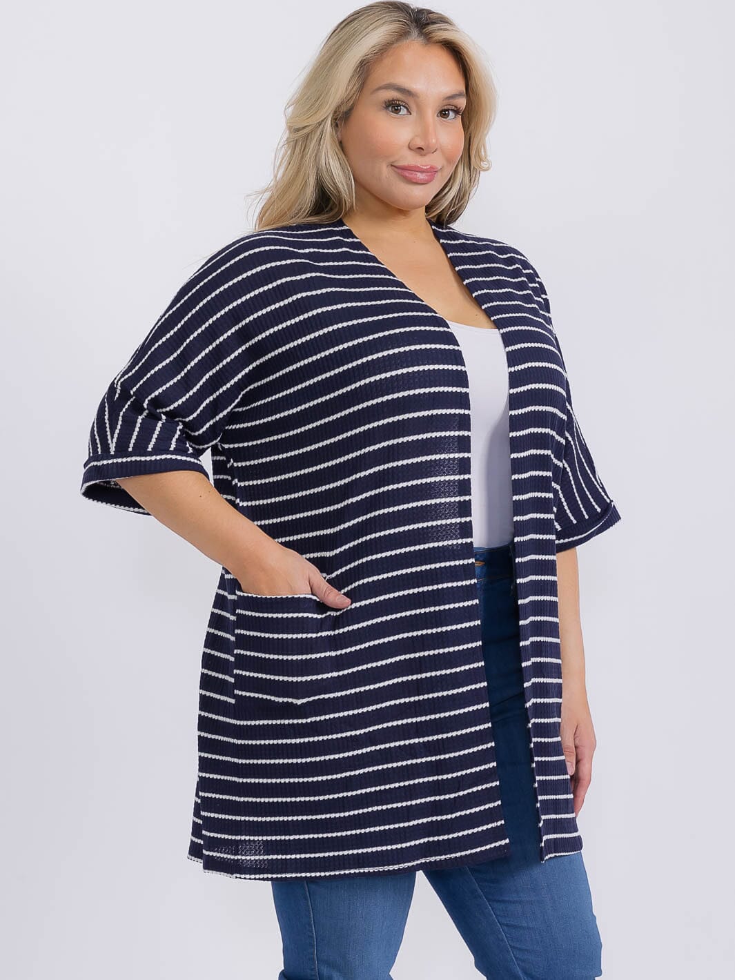 PLUS SIZE SHORT SLEEVE FRONT POCKETS STRIPES CARDIGAN