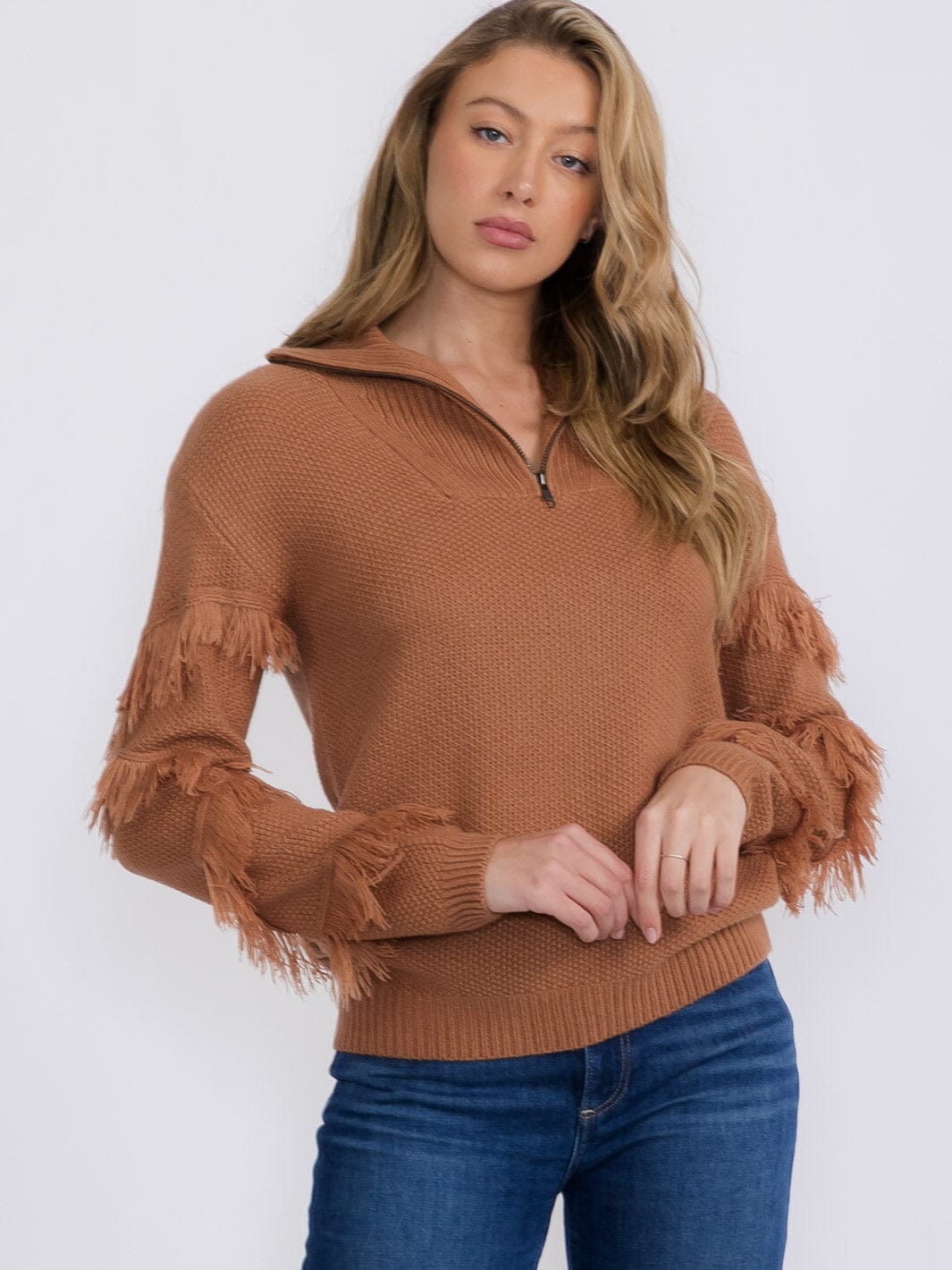 WOMEN'S LONG SLEEVE ZIP UP FRINGE DETAILED PULLOVER SWEATER