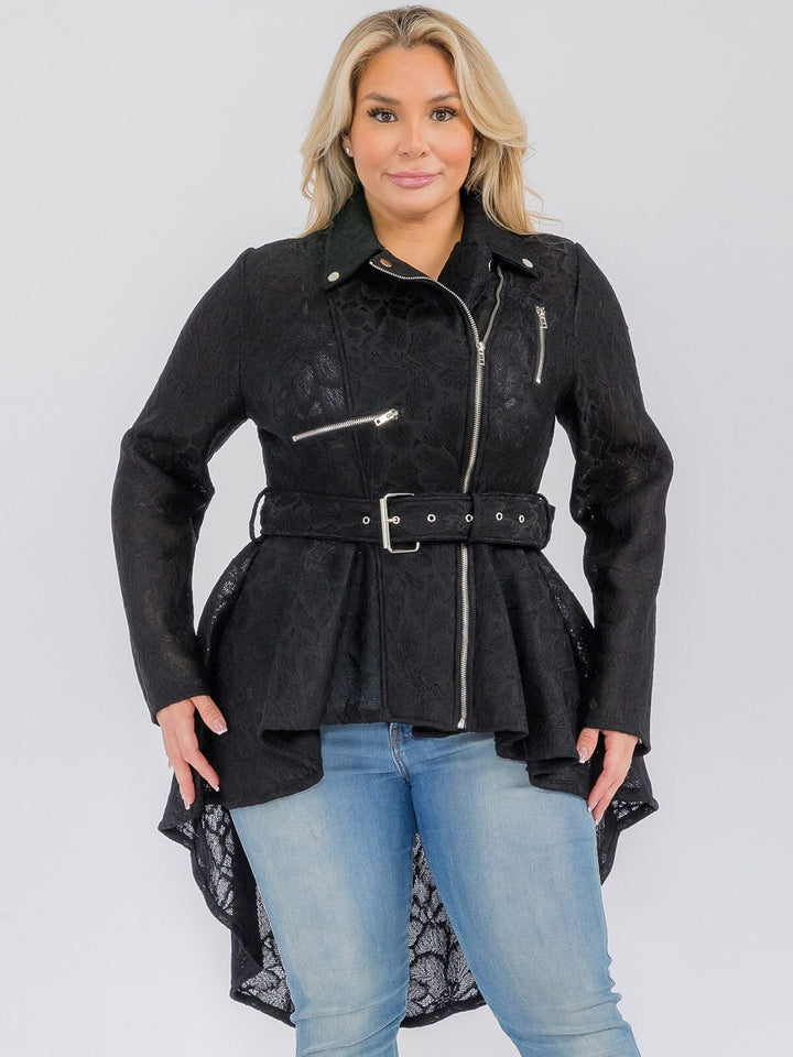 PLUS SIZE LONG SLEEVE ZIP UP HIGH-LOW BELTED JACKET